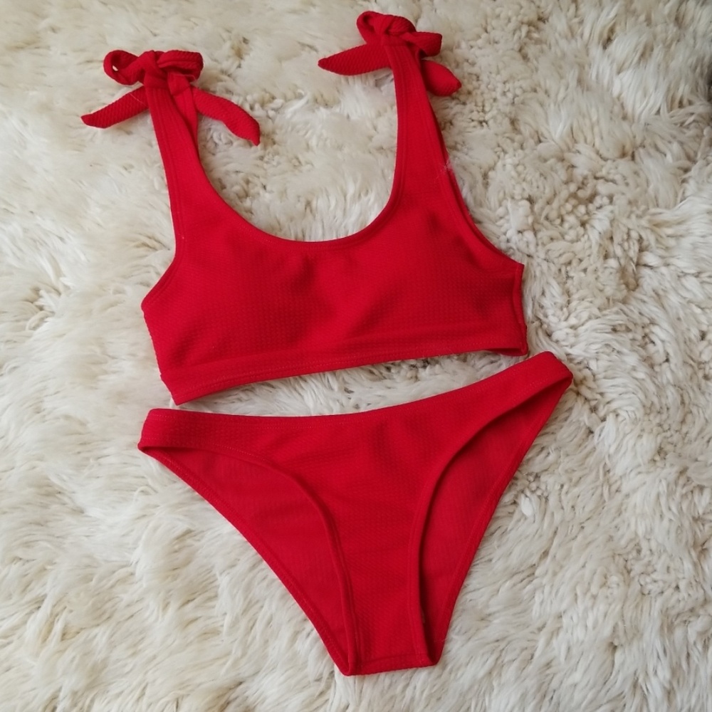 ASOS Red Ribbed Tie-Shoulder Bikini Set
